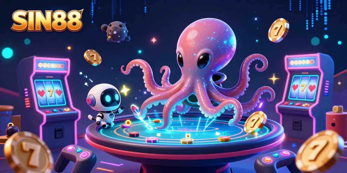 Experience thrilling gameplay with SIN88, featuring alien octopus at a poker table surrounded by vibrant casino elements.