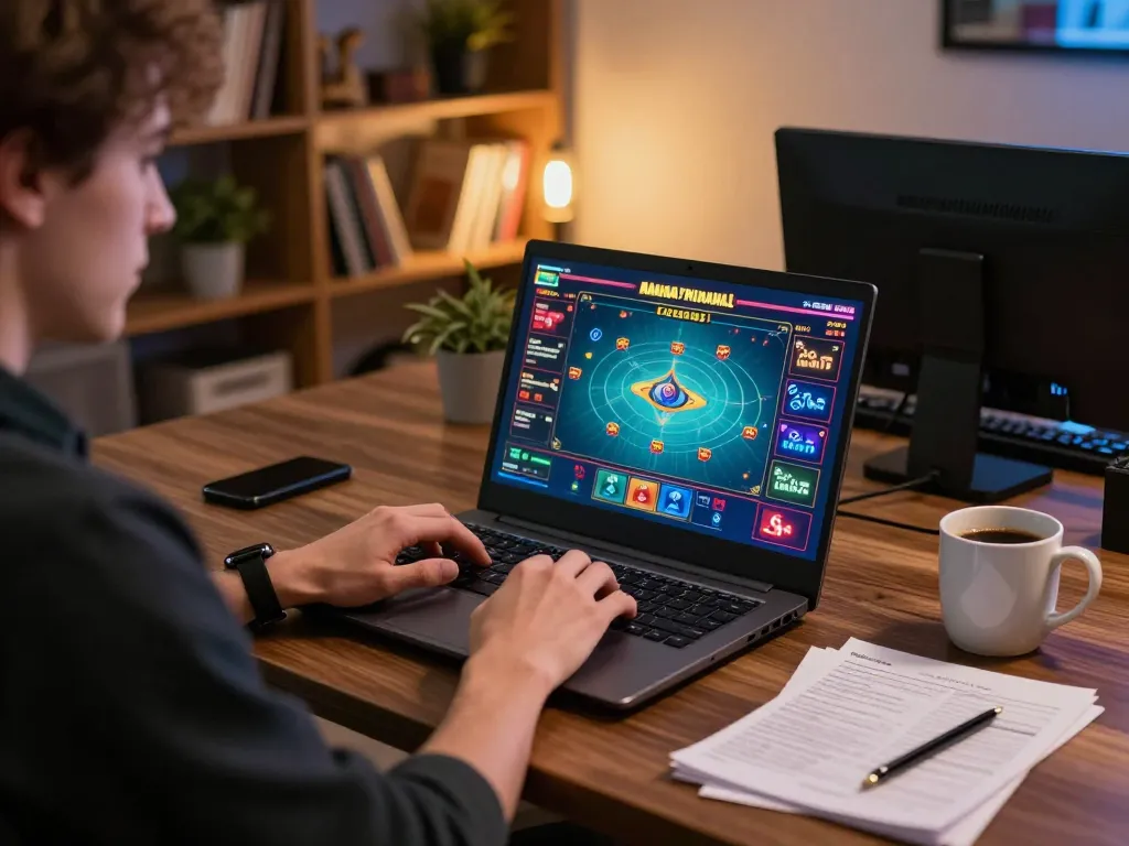 hi88 user engaging in an online casino game at home, surrounded by gaming strategy notes and a warm atmosphere