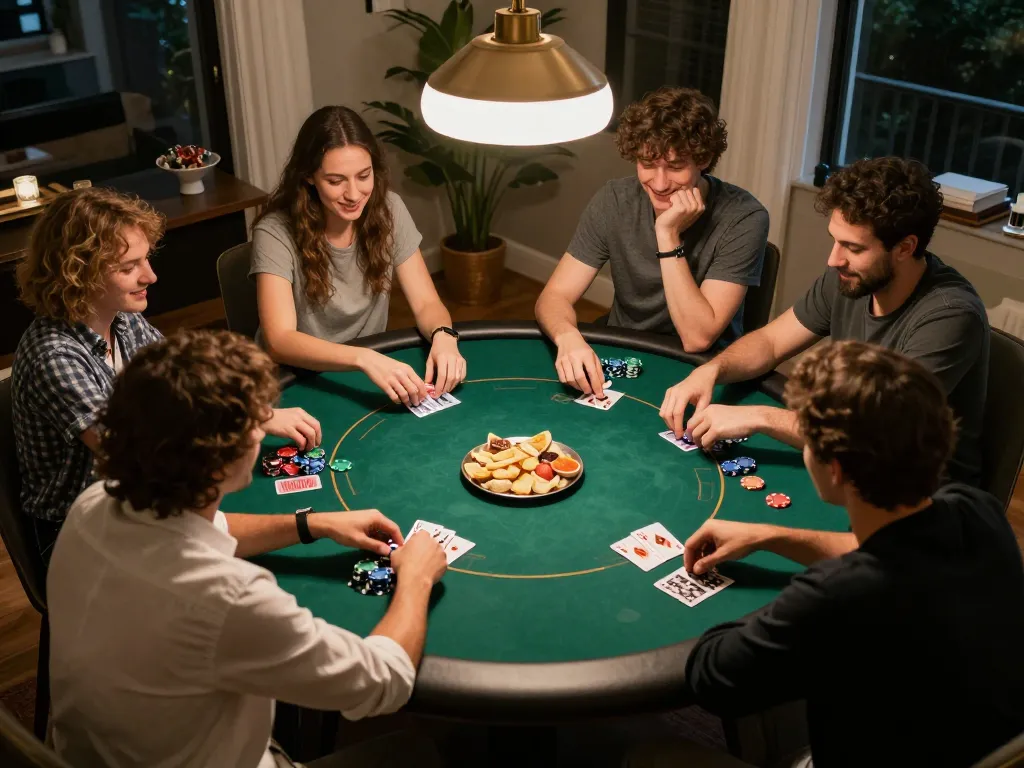 Engaging friends enjoying OLYMPUS88 poker night with chips and cards in a cozy home setting