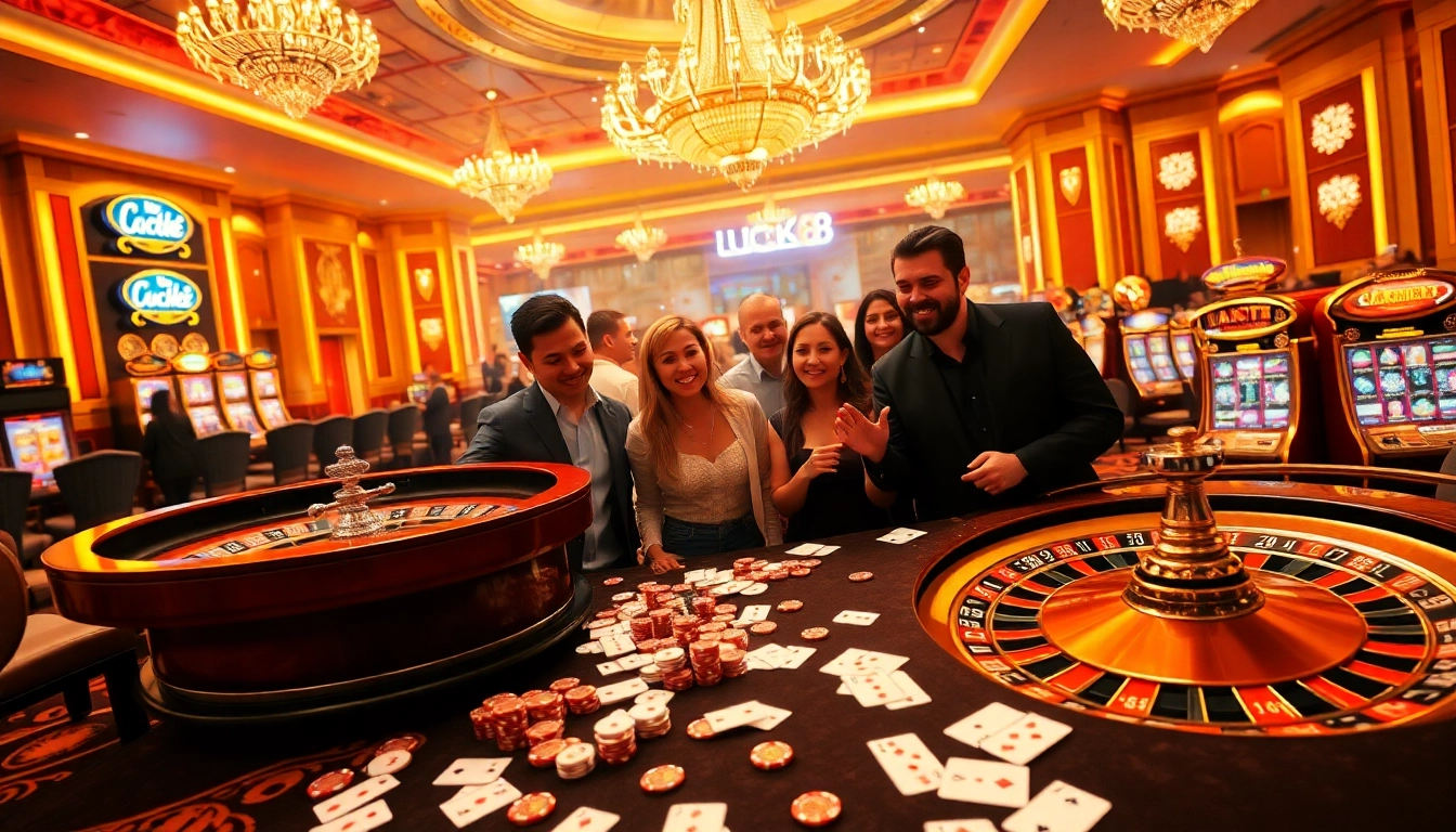 Experience the thrill of LUCK8 with a luxurious casino ambiance featuring poker chips and a roulette wheel.