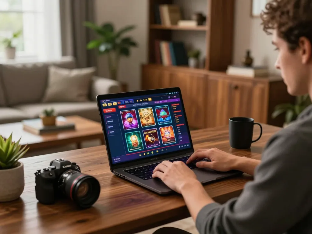 Engaging in online gaming on sky88, showcasing a dynamic casino interface on a laptop in a cozy setup.