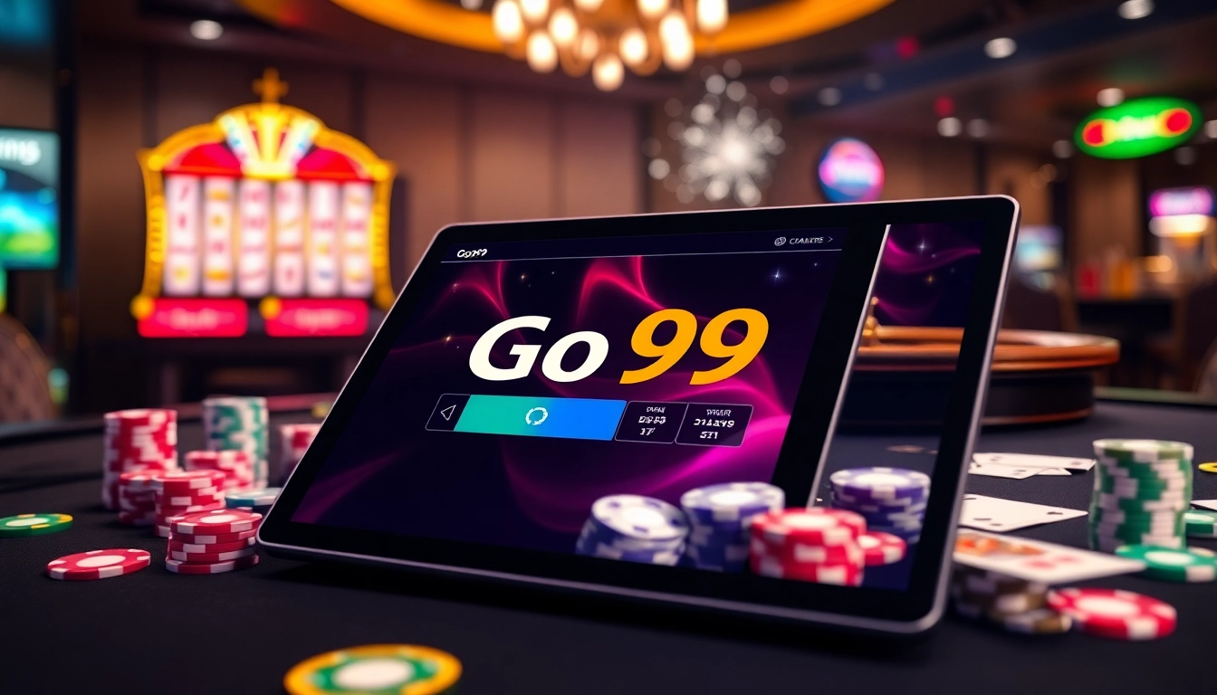 Engage with the high-quality Go99 gaming experience featuring poker chips and a roulette wheel.