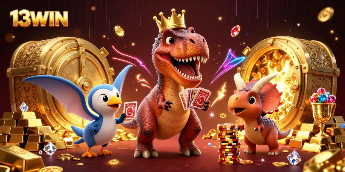Join the fun at 13WIN as playful dinosaurs deal cards and stack chips in a vibrant casino scene.