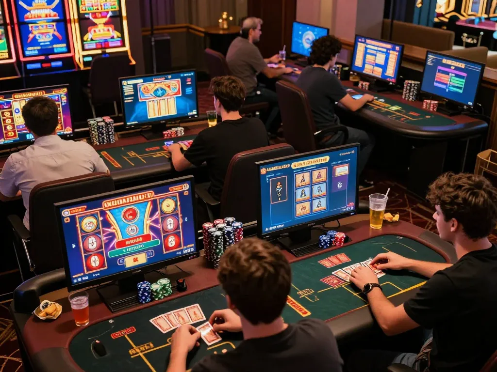 Engaging online gaming session showcasing NOHU90 slots and table games with players immersed in strategy.
