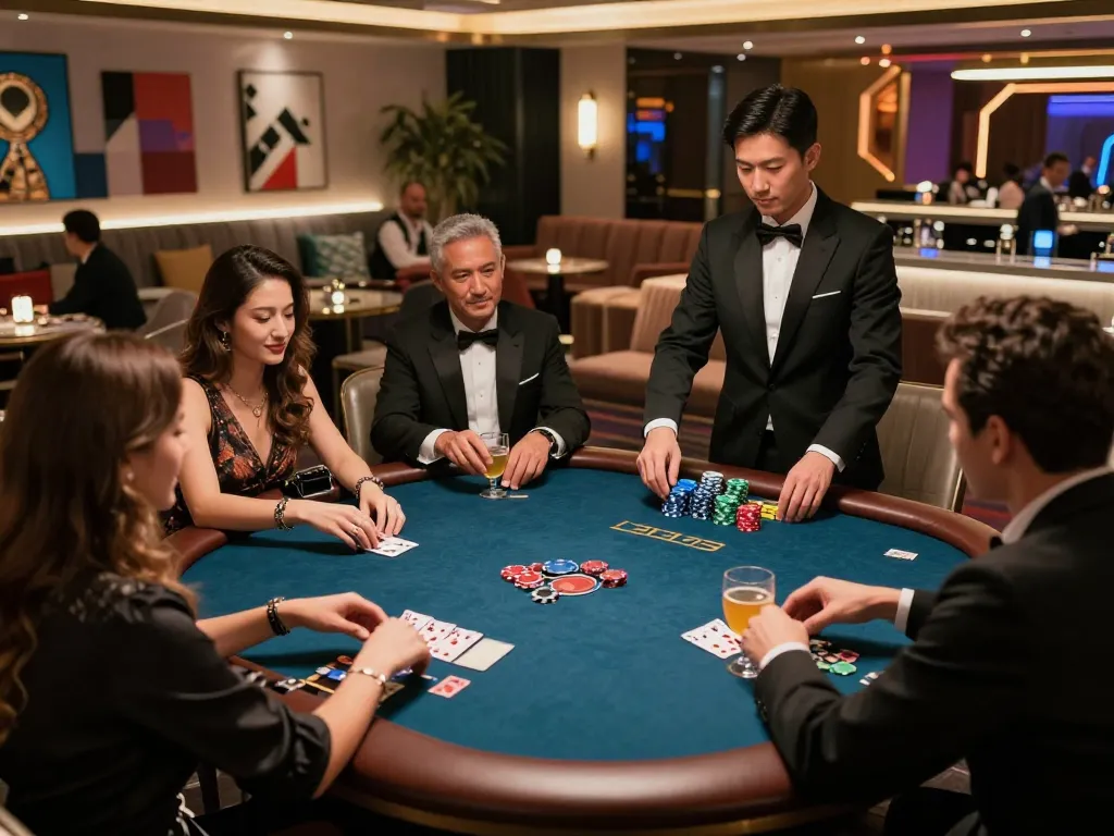 cm88 high-stakes poker game in luxury casino with exclusive tables and animated guests