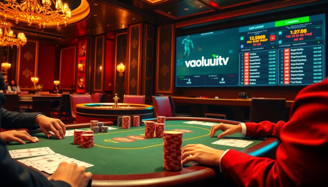 Experience thrilling poker at vaoluoitv with vibrant casino scenes of high-stakes gaming.