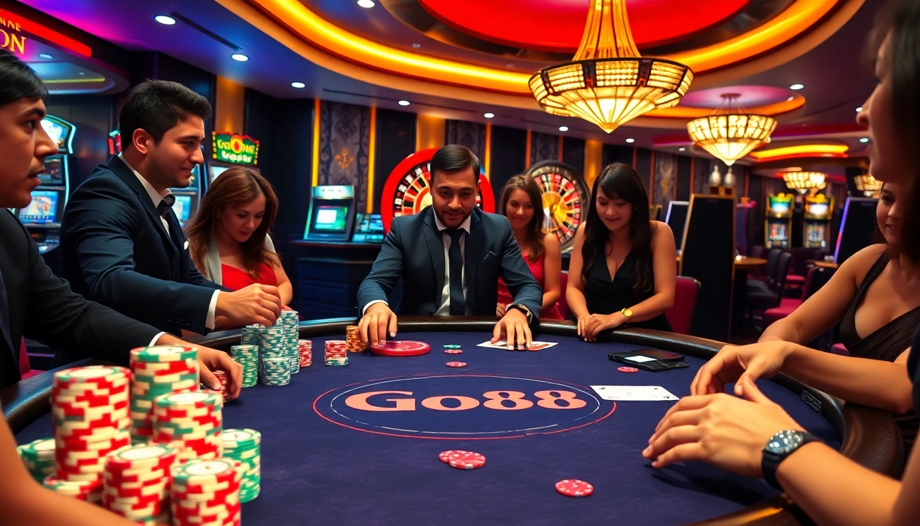 Go88 poker action with lively players and a roulette wheel in a luxurious casino setting.