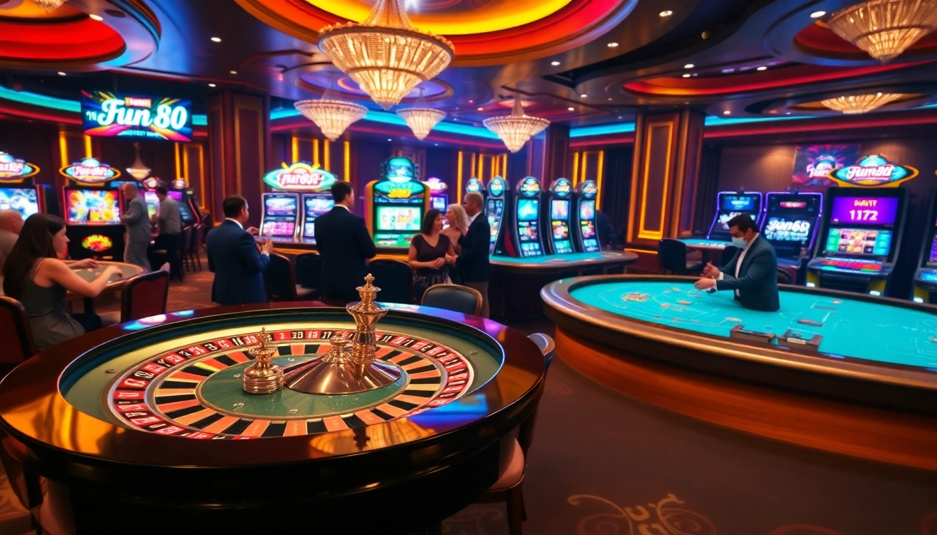 Exciting Fun88 casino scene with roulette and blackjack tables, delivering a vibrant gambling atmosphere.