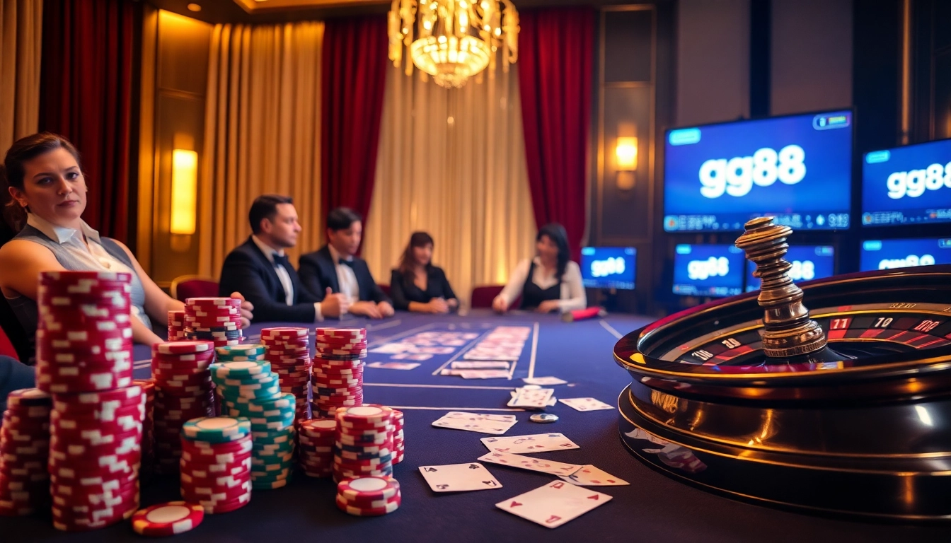 Players at a high-stakes poker table enjoying the gg88 casino experience with vibrant chips and cards.