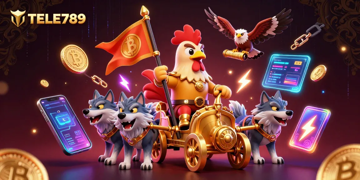 Engage with TELE789's thrilling rooster warlord theme in this vibrant 3D casino illustration.