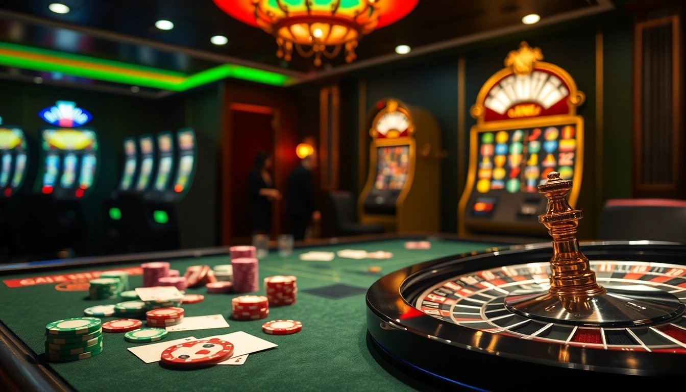 Experience the thrill of casino gaming with LC88 elements, featuring vibrant poker chips and a roulette wheel.