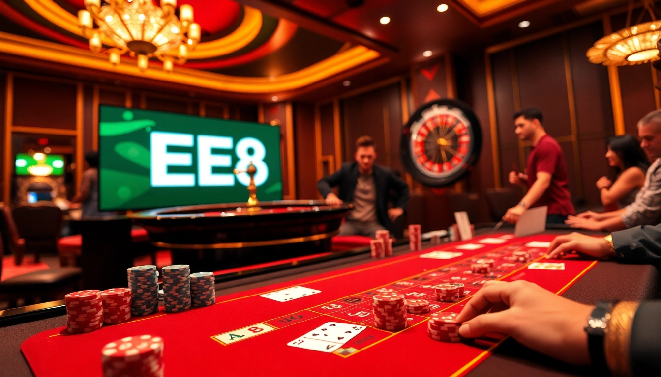 Players engaging in high-stakes gambling at the vibrant EE88 casino table.