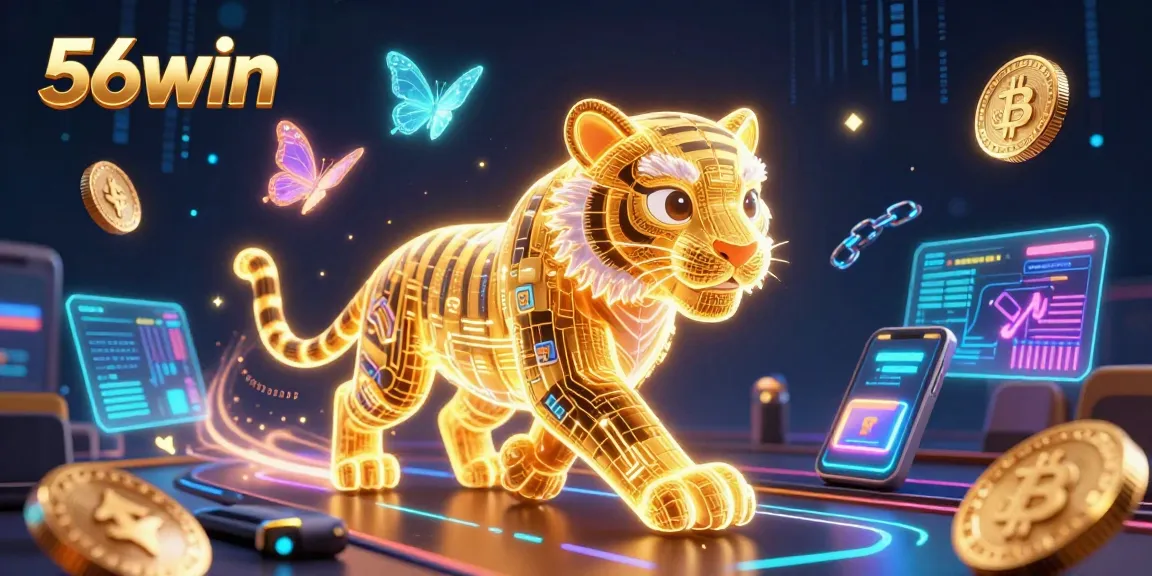 Engage with 56win's vibrant casino adventures through a neon-lit 3D illustration.