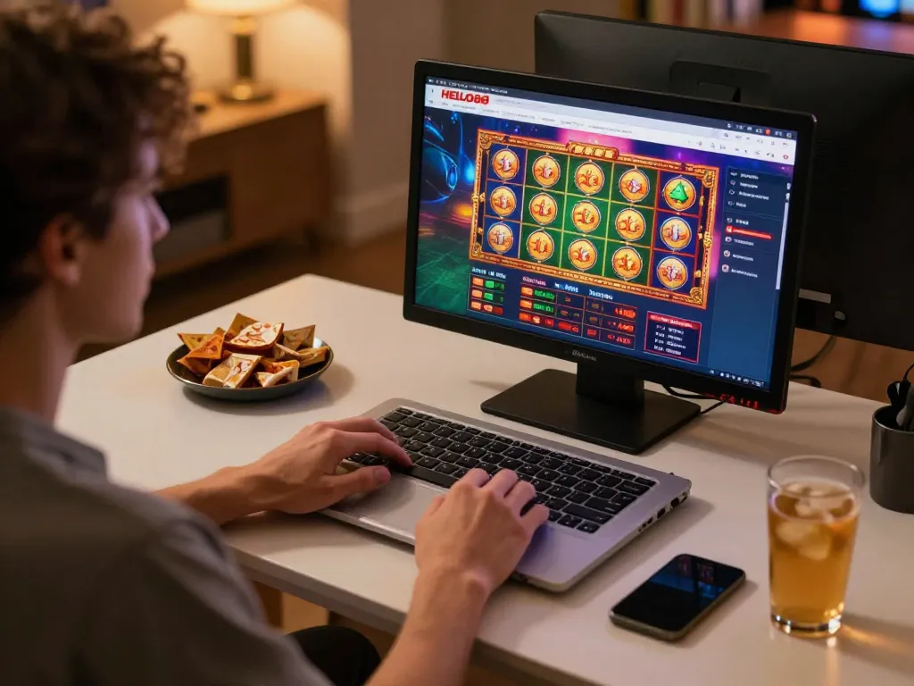 Player enjoying HELLO88's online casino games on a laptop in a cozy home setting