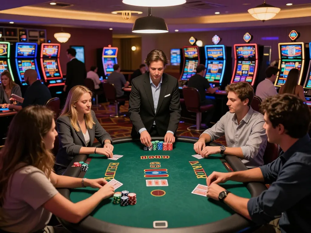 Sin88 players enjoying an engaging blackjack game in a lively casino environment, showcasing excitement and camaraderie.