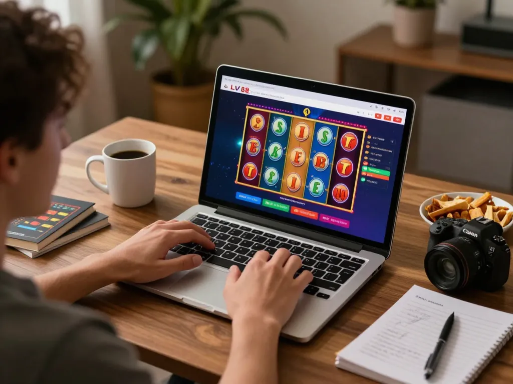 Player engaging with LV88 online casino interface while enjoying snacks and drinks.