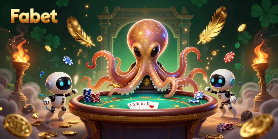 Engage with Fabet's exciting holographic poker table, featuring alien octopus and robot in a vibrant casino scene.