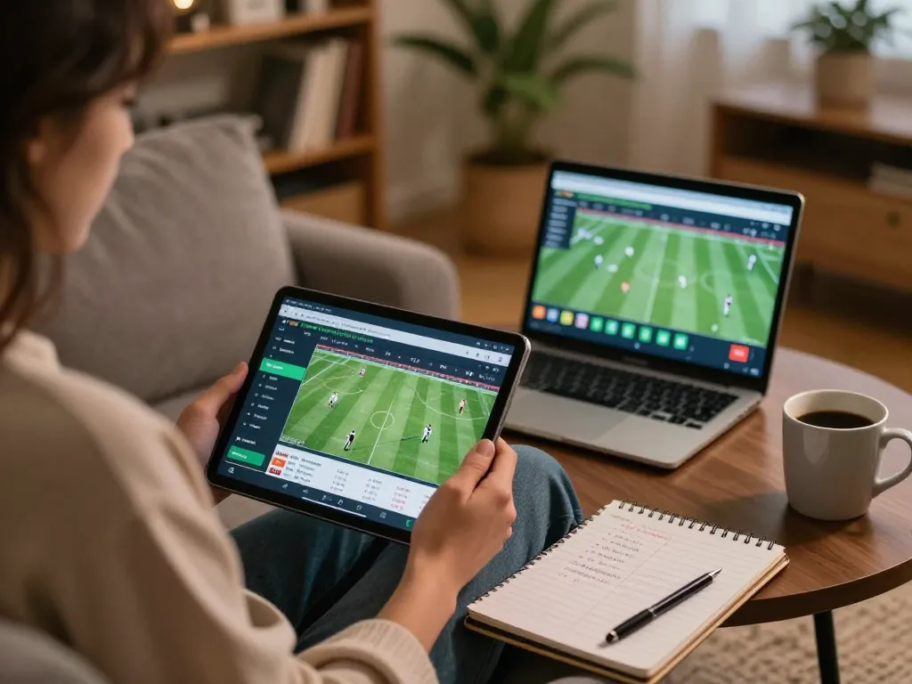 Kèo bóng đá betting scene with a person using a tablet and strategies notebook in a cozy home setting