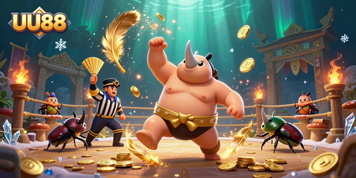 UU88 enthralling gaming scene with a sumo champion beetle, golden coins and dynamic elements.