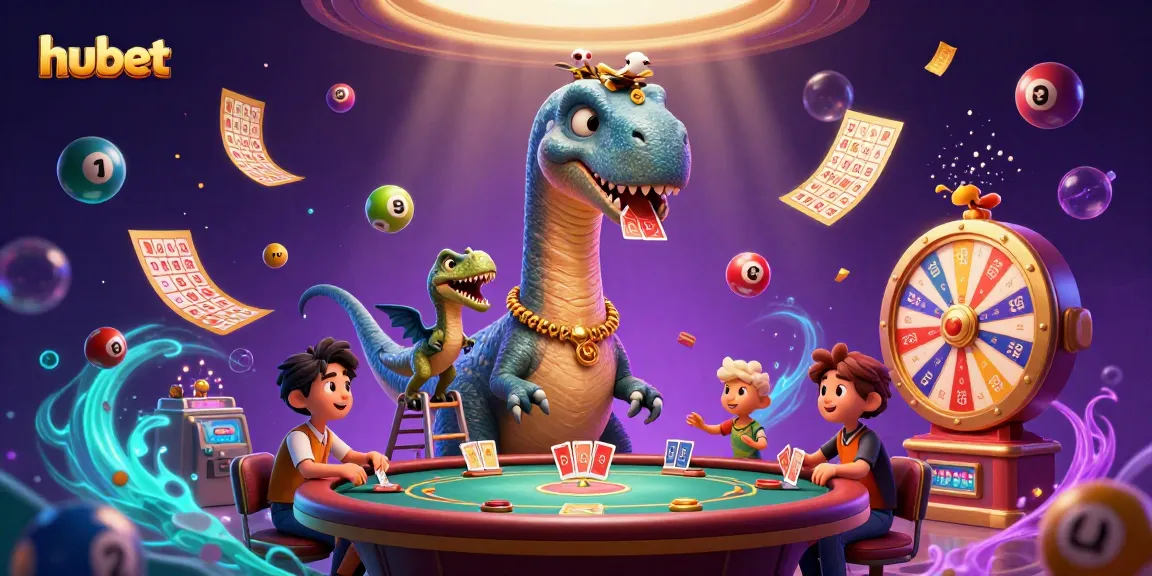 Engage in hubet gaming excitement with a dazzling brontosaurus in a lively casino scene.