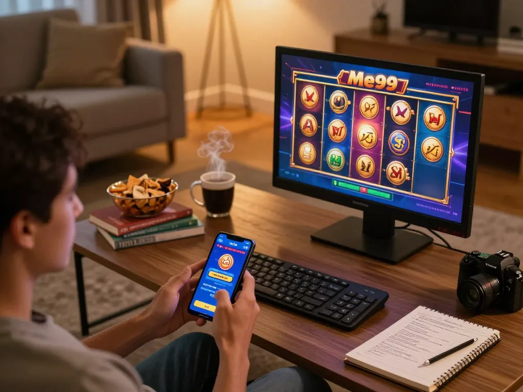 Engage with the Me99 app on a smartphone while enjoying online gaming in a cozy living room.