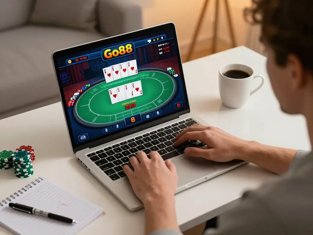 Player engaging with Go88 online casino platform using laptop and strategy notes