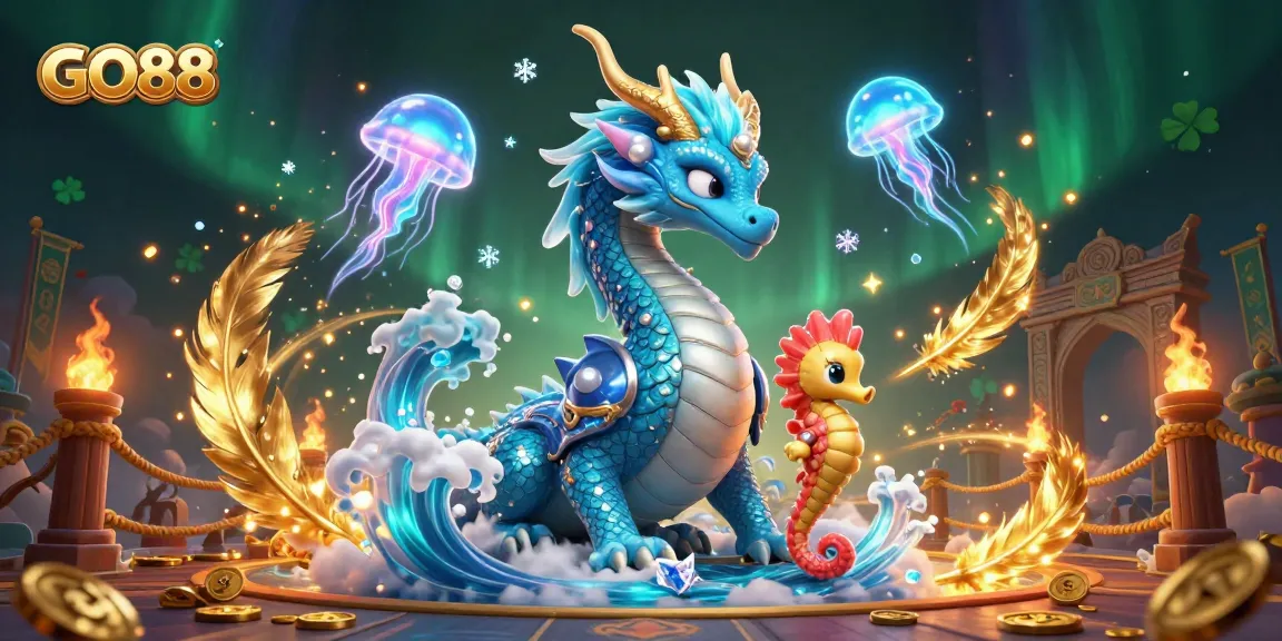 Engage in thrilling experiences at GO88 with an electrifying dragon and seahorse knight surrounded by vibrant casino elements.