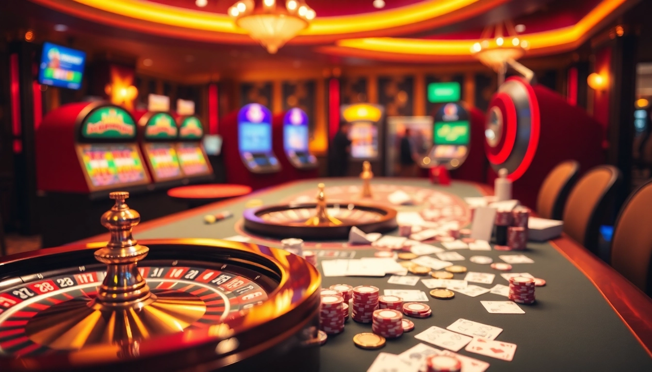 Experience excitement at mm88 with a luxurious casino table featuring poker cards and roulette wheels.