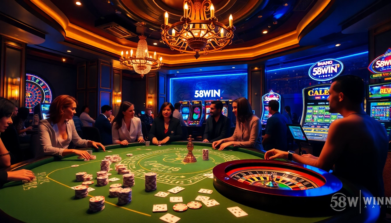 A lively casino scene featuring players at a poker table with the 58WIN logo, displaying excitement and luxury in gambling.