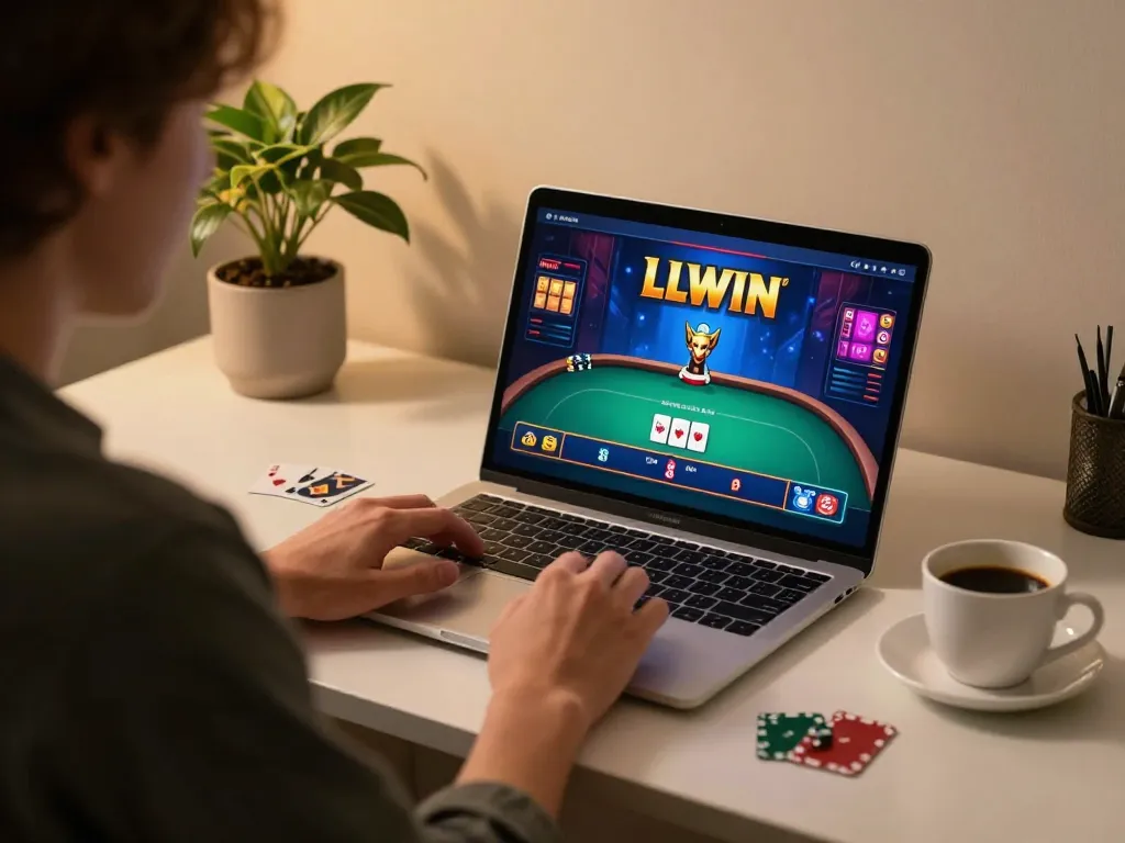 Engaging in a LLWIN online poker game in a cozy home setup, focusing on strategy