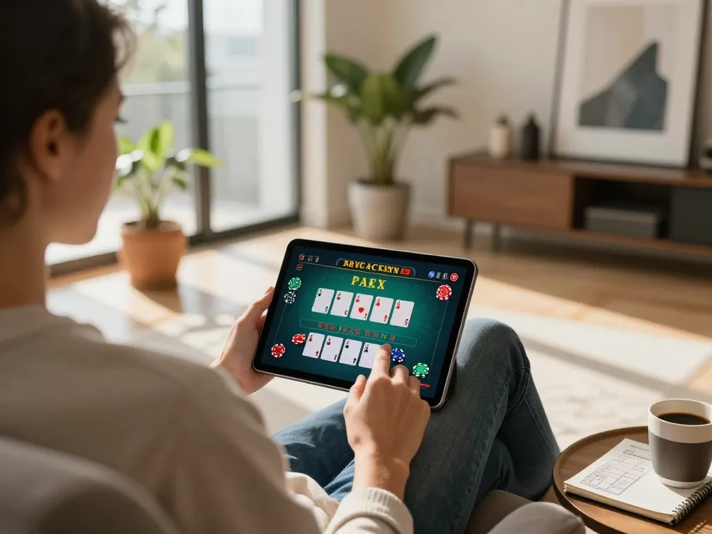Twin68 player engaging with online baccarat game on tablet in stylish home setting.