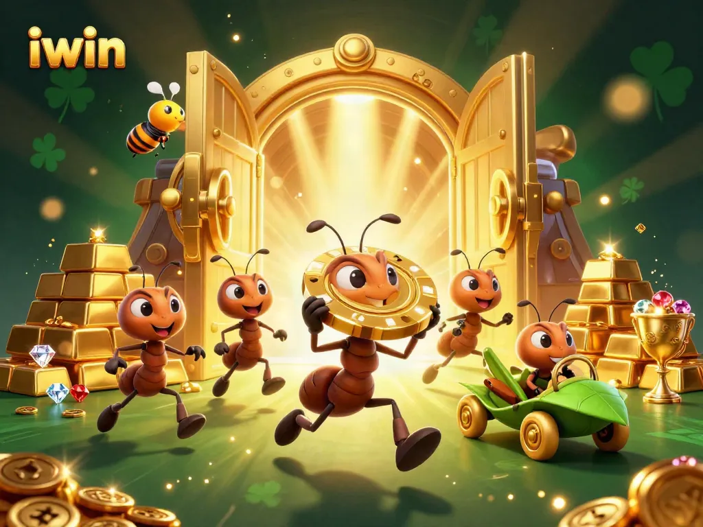 iwin heist scene with ants stealing a poker chip, showcasing elite gaming excitement