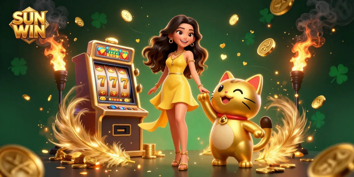 Experience the thrill of SUN WIN with interactive slots and captivating gaming elements in a vibrant illustration.