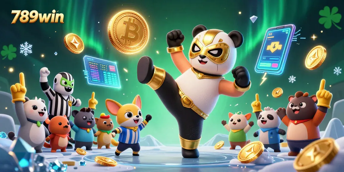 789win excitement with a panda wrestler and cheering animal crowd in this dynamic casino illustration.