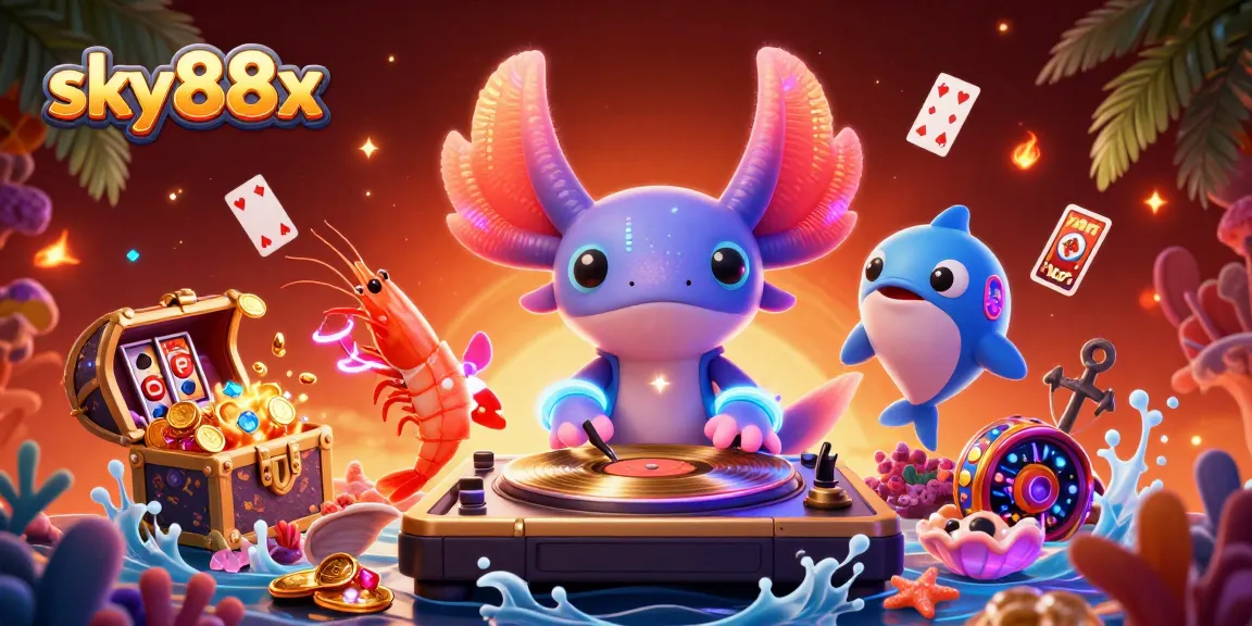 Spin to win with sky88x as an axolotl DJ and vibrant underwater casino scene filled with treasures.