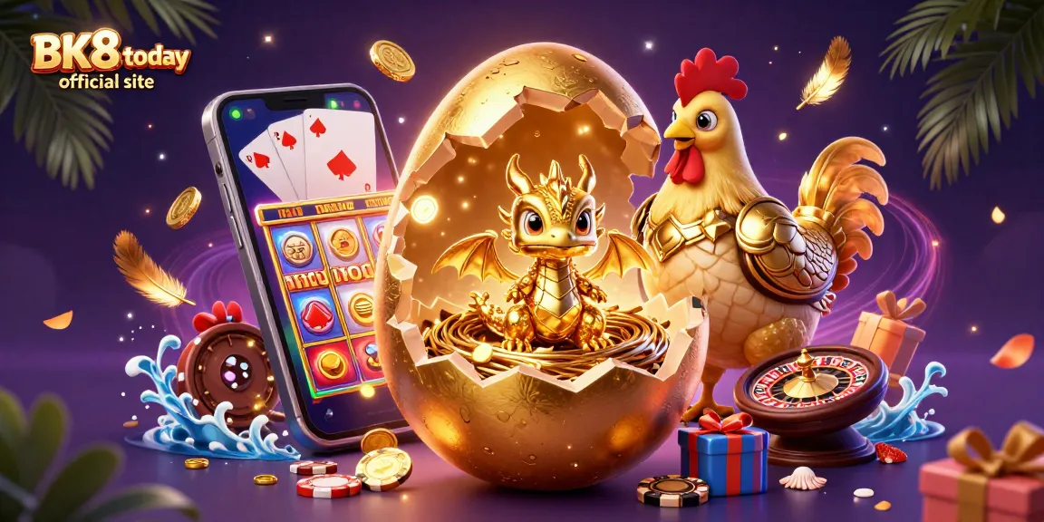 Experience the magic of BK8.today official site with a dazzling golden dragon guarding poker chips amidst vibrant casino elements.