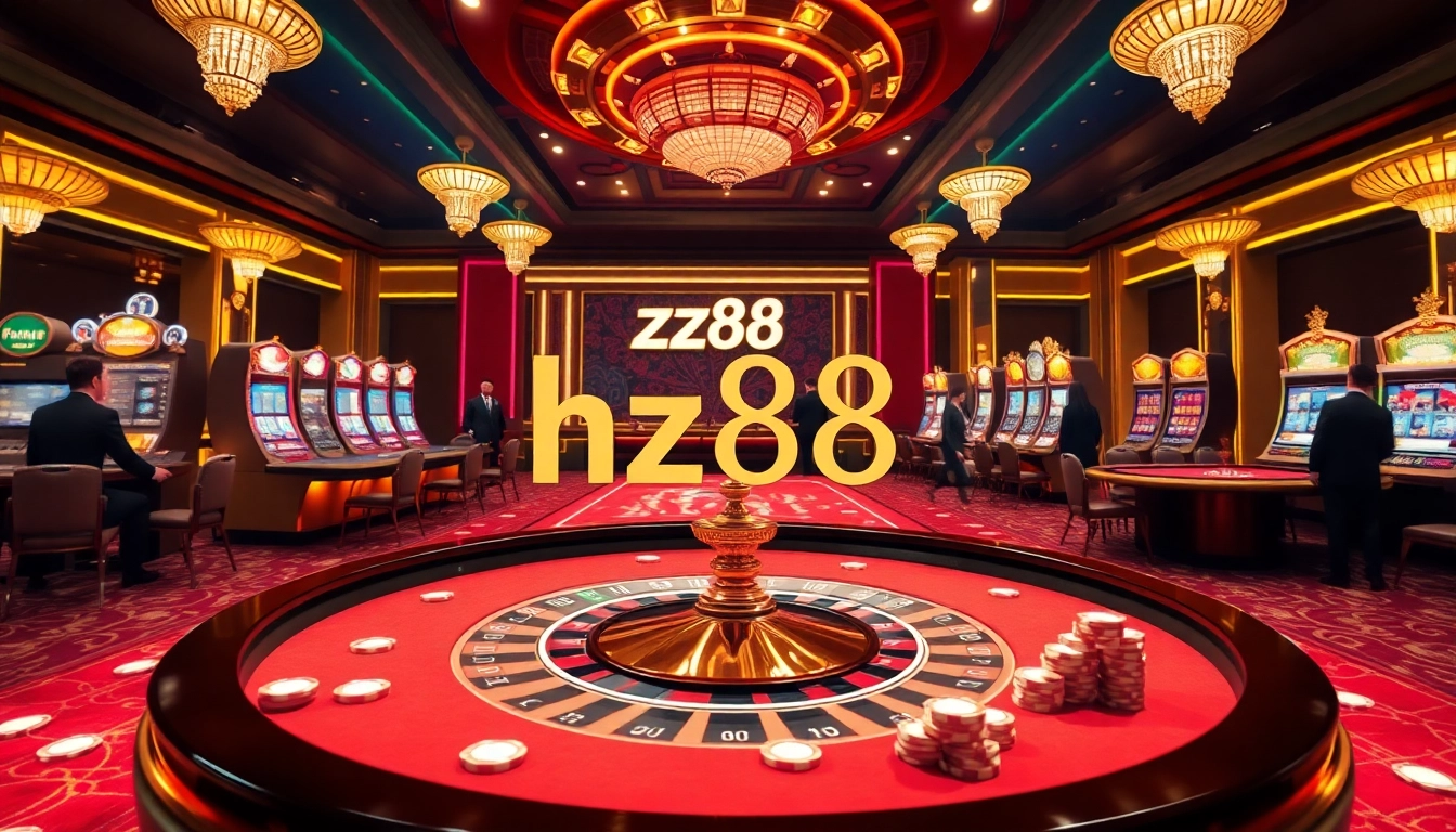 Players enjoying vibrant games at hz88 casino with roulette and poker tables in a luxurious setting.