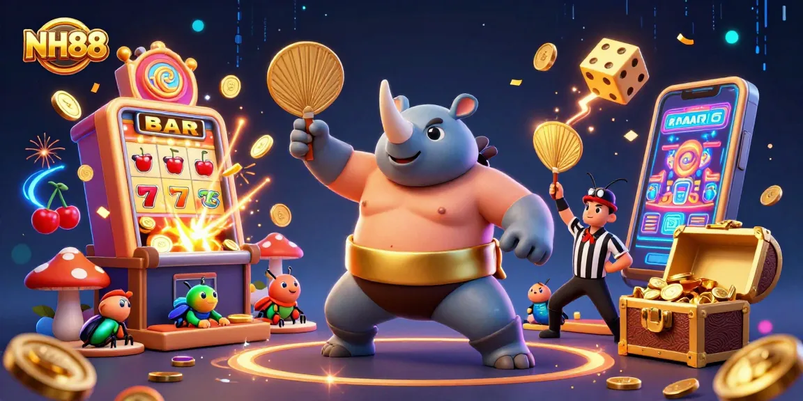 Engage with NH88 at this vibrant casino scene featuring a beetle sumo champion amidst a jackpot explosion.