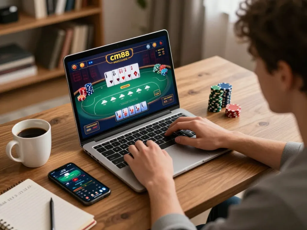 Engaging in online poker at cm88 with gameplay visible, laptop and strategy notes create a focused atmosphere.