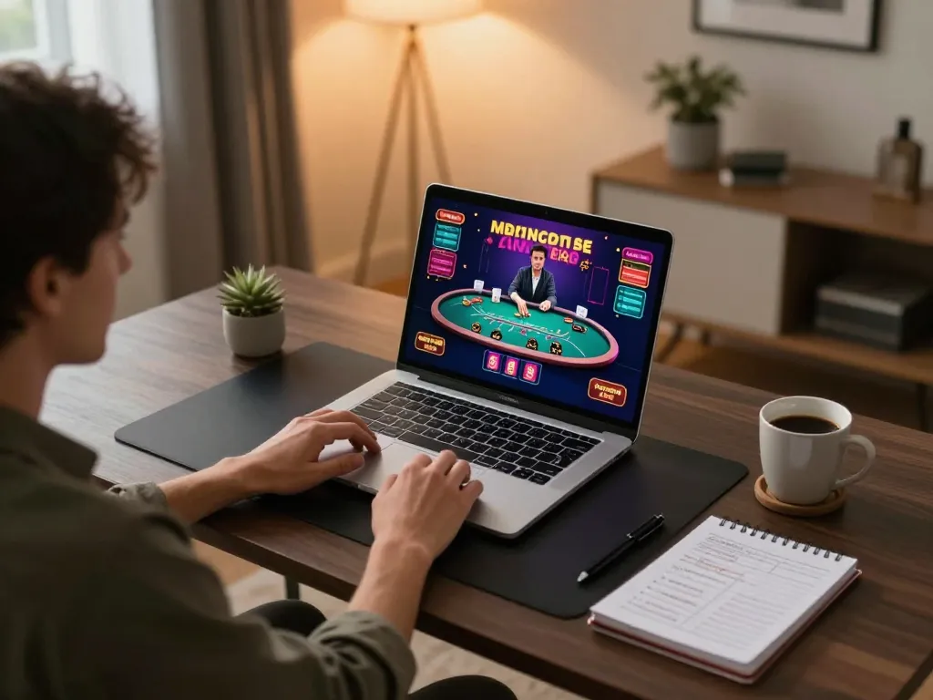 A person enjoying live dealer blackjack online while using strategy notes on the C185.
