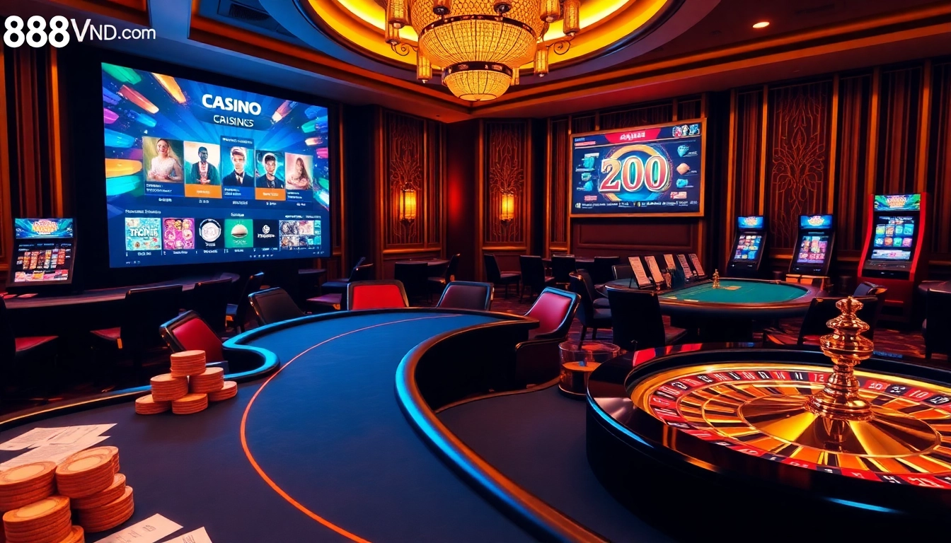 Experience the thrill of gambling at 888VND.COM with luxurious casino tables and vibrant slot machines.