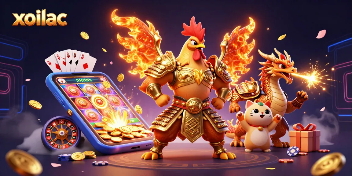 Engage in action-packed gaming with xoilac, featuring colorful slot games, golden coins, and dynamic characters.