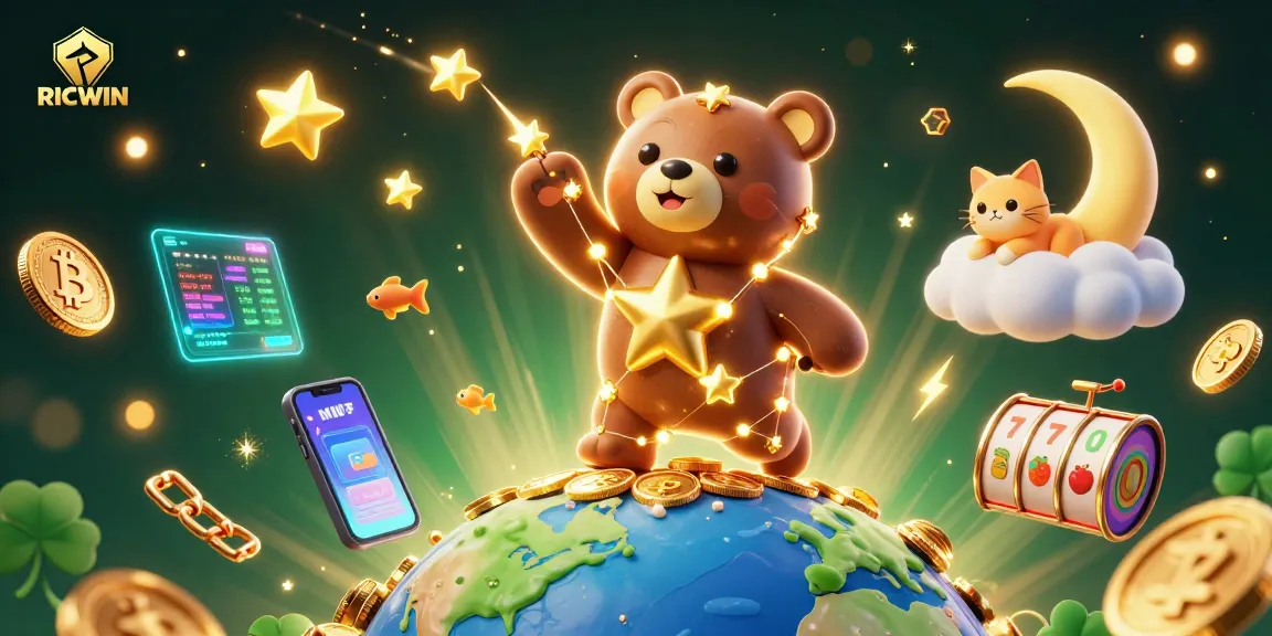 Experience the magic of RICWIN as a constellation bear scoops coins, surrounded by vibrant slot elements and crypto coins.