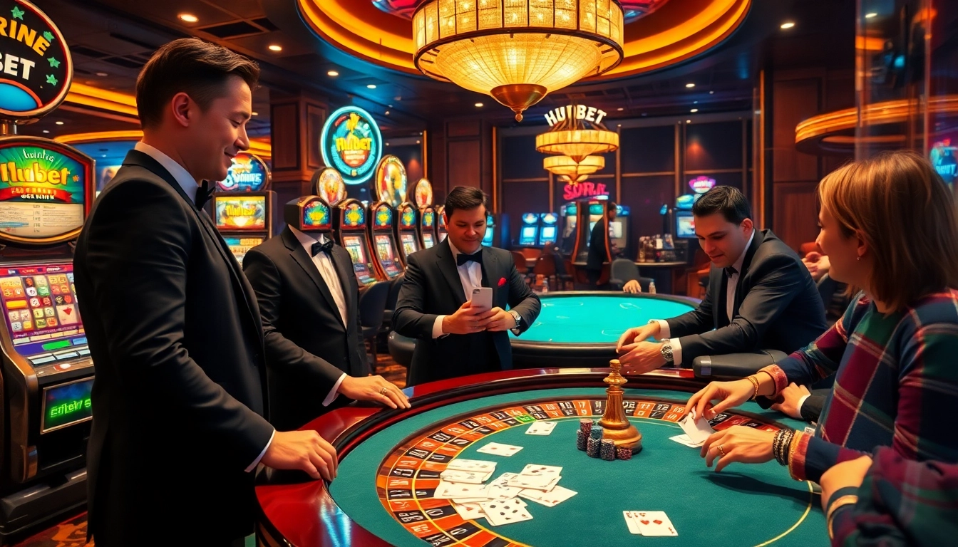 Players at hubet enjoying a vibrant casino atmosphere with tables and slot machines.