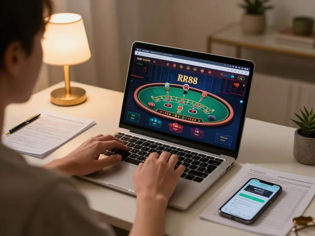 Player engaging in RR88's online casino with live dealer, showcasing strategic gameplay and modern home setup.
