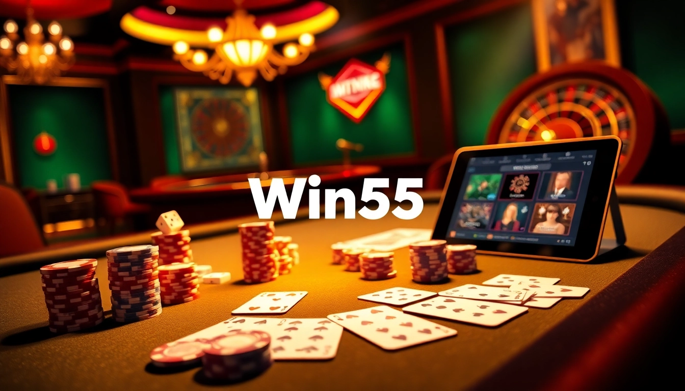 Win55 casino scene with vibrant poker chips, illuminated roulette wheel, and online game interface.
