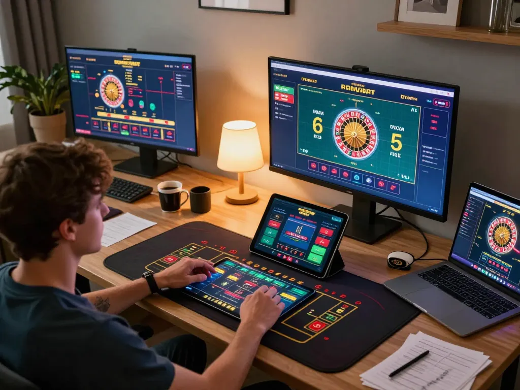 Player engaging in LLwin online gambling strategy with live dealer games at home