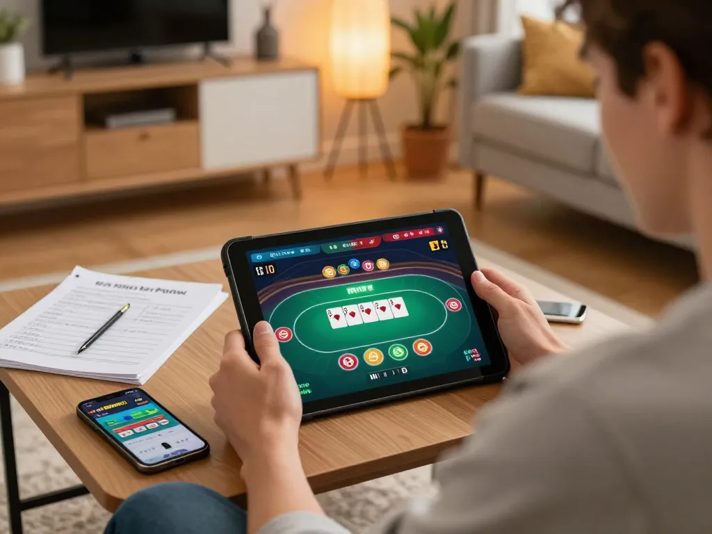 Player enjoying 888NOW poker on tablet in a cozy home setting, emphasizing responsible entertainment.