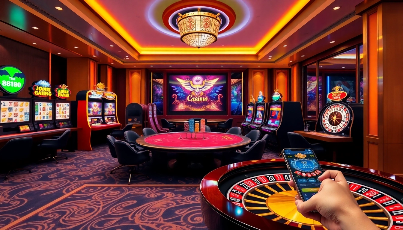 Exciting gambling scene showcasing players at Link vào 88clb poker table, vibrant slot machines, and roulette.