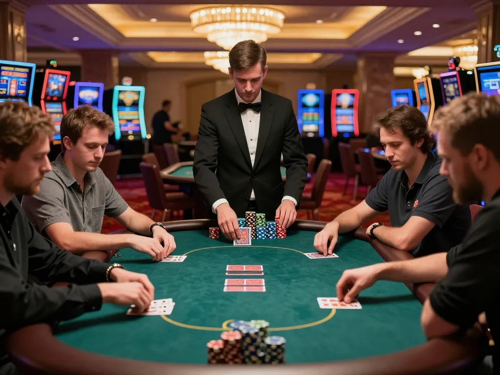 VA88 poker game in action featuring players and dealer amidst vibrant casino atmosphere